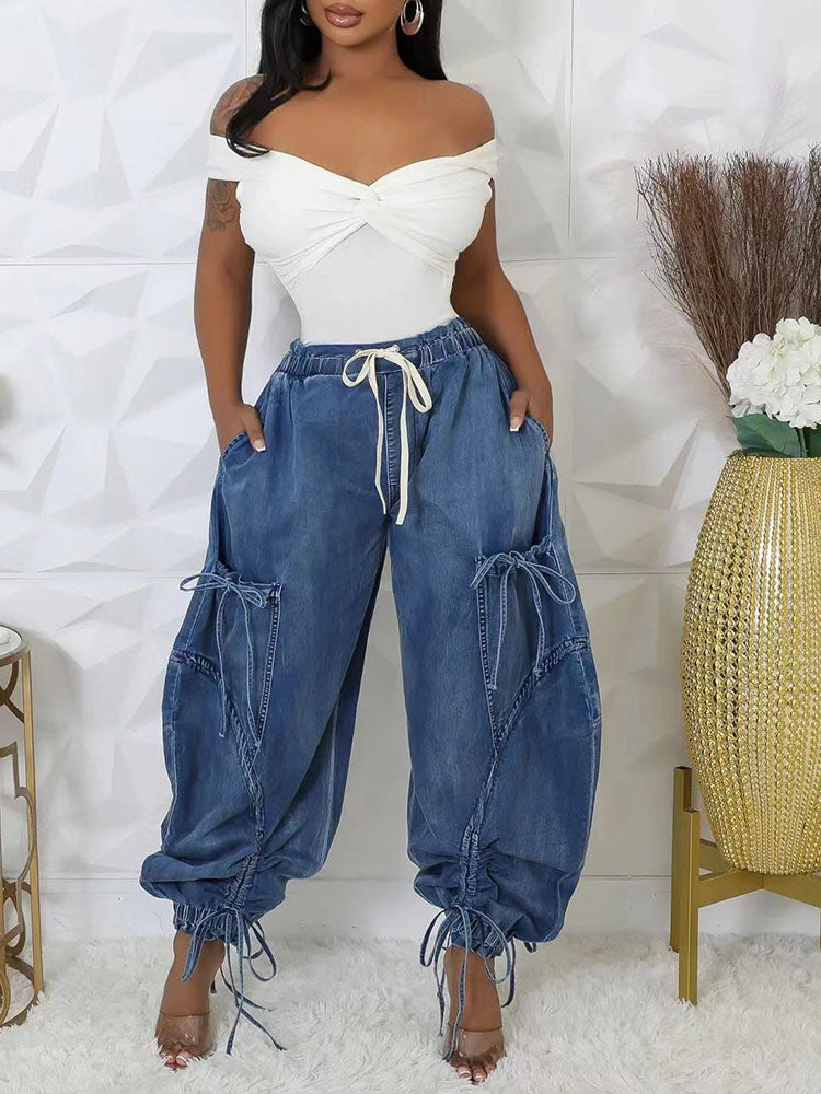 Bow-Knot Cuffed Hem Denim Pants