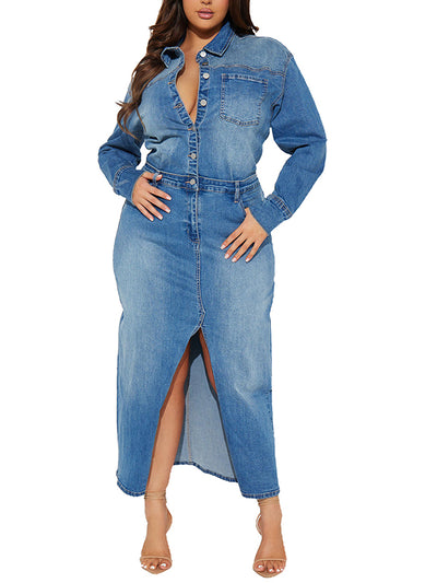 Denim Long Sleee Split Maxi Dress