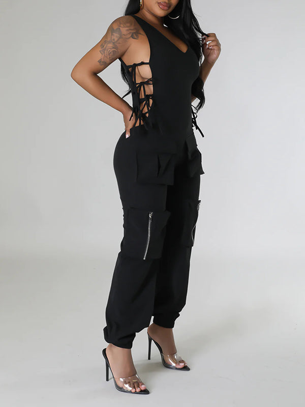 Side Tie Up V-Neck Cargo Jumpsuits