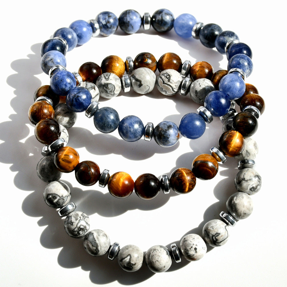 Bracelets en perles métalliques en agate bleue Aule