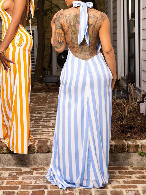 Striped Halter Backless Maxi Dress