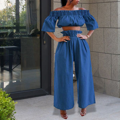 Denim Cop Top Wide Leg Pants Set