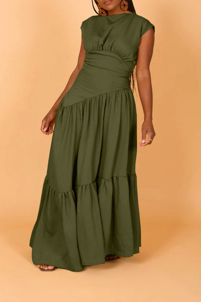 Sleeveless Crew Neck Ruched Maxi Dress