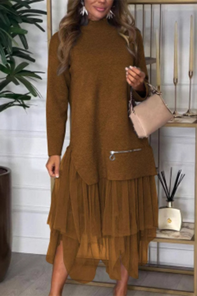 Mesh Patchwork Long Sleeve Midi Dress