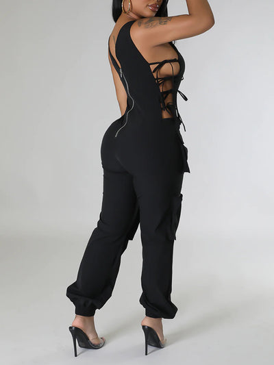 Side Tie Up V-Neck Cargo Jumpsuits