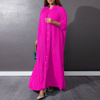 Button-Down Pleated Solid Loose Maxi Dress