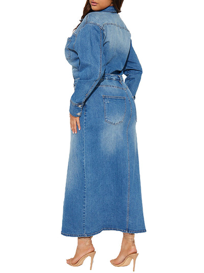 Denim Long Sleee Split Maxi Dress