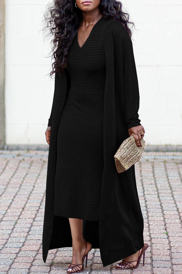 Ribbed V-Neck Dress Long Coat Set