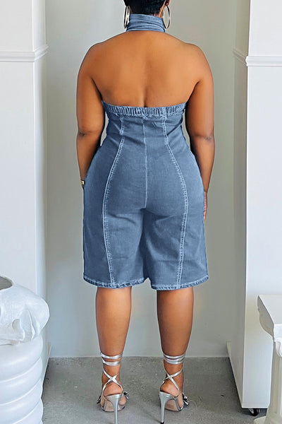 Zip Up Halter Neck Backless Denim  Rompers