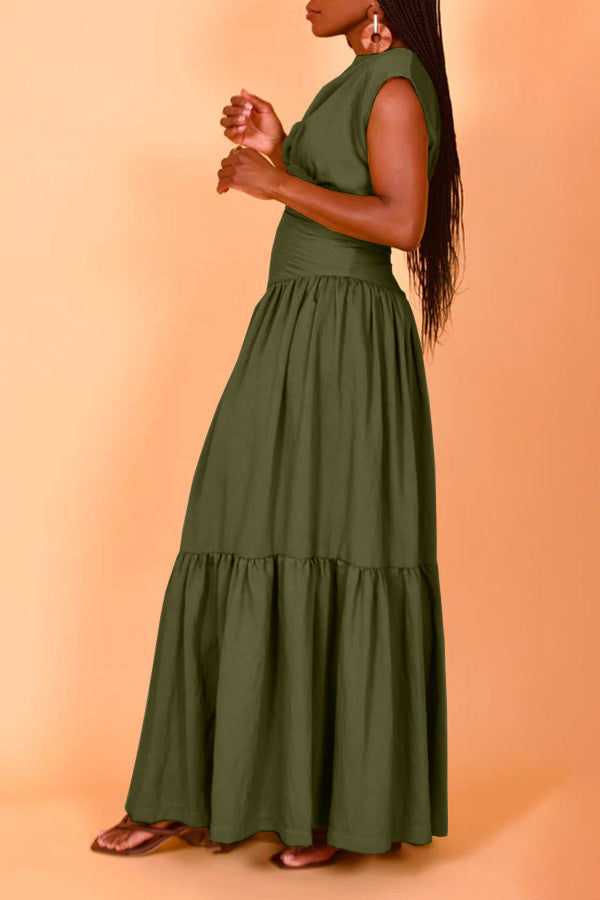 Sleeveless Crew Neck Ruched Maxi Dress