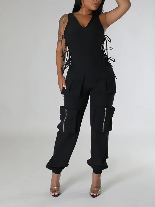 Side Tie Up V-Neck Cargo Jumpsuits