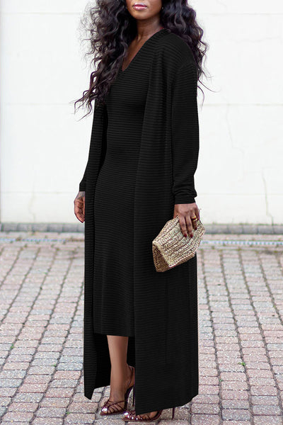 Ribbed V-Neck Dress Long Coat Set