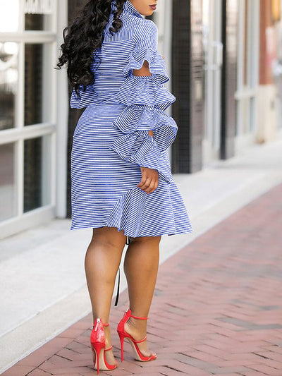 Ruffle Cut Out Sleeve Striped Shirt Dress