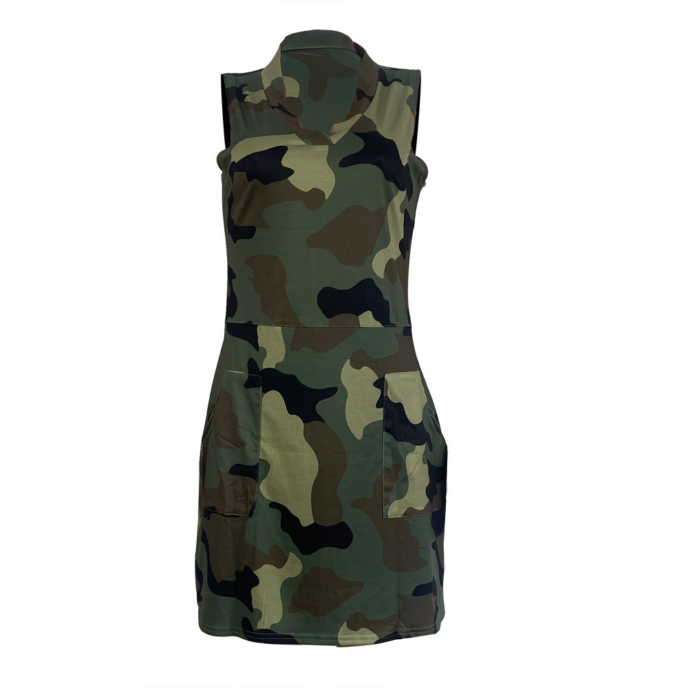 Camouflage Printed Side Pockets Mini Dress