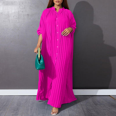 Button-Down Pleated Solid Loose Maxi Dress