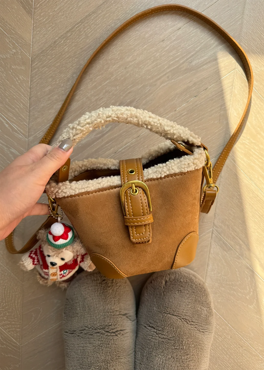 Velvet Buckel Brown Small Handbag