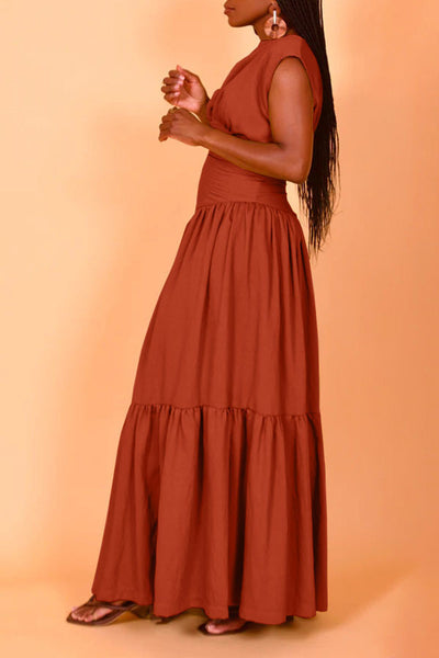 Sleeveless Crew Neck Ruched Maxi Dress