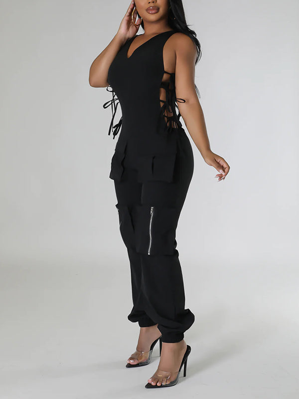 Side Tie Up V-Neck Cargo Jumpsuits