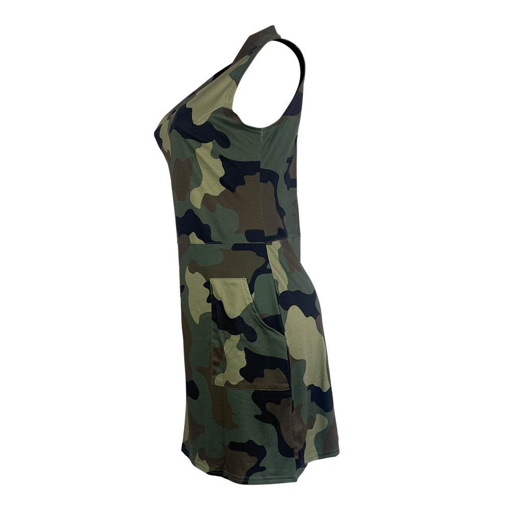 Camouflage Printed Side Pockets Mini Dress