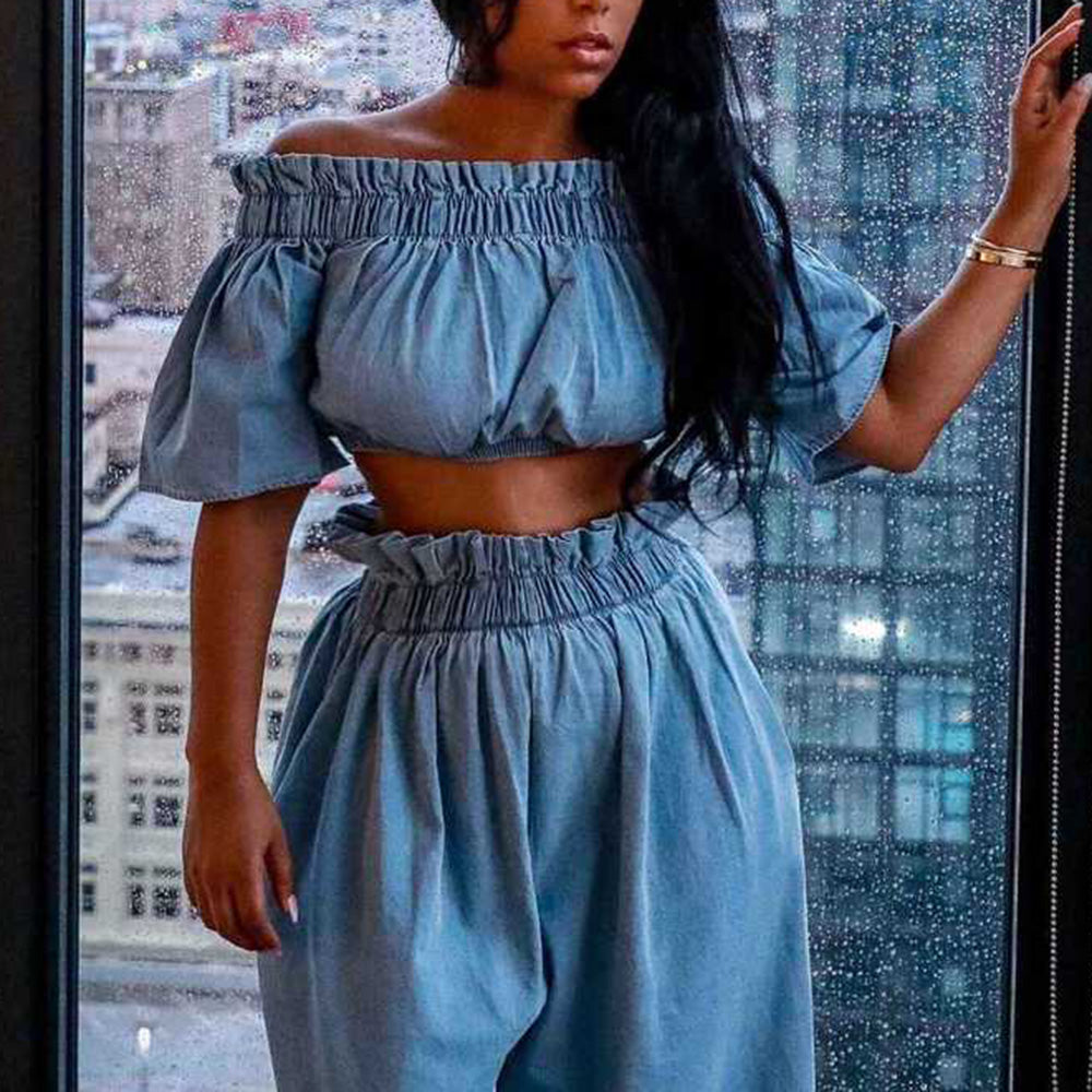 Denim Cop Top Wide Leg Pants Set