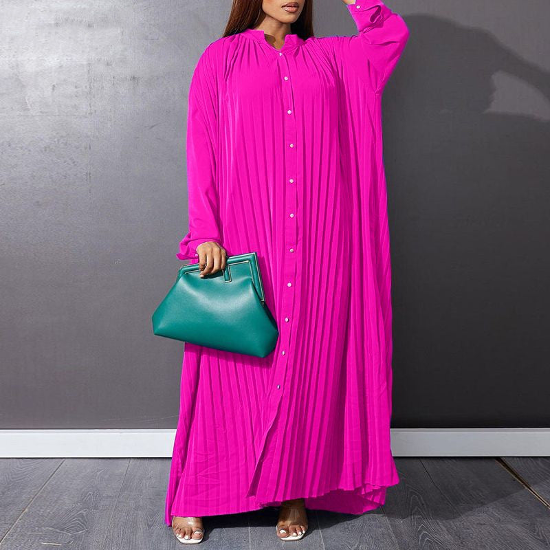 Button-Down Pleated Solid Loose Maxi Dress