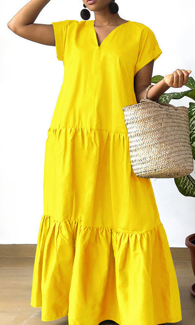 V Neck Tiered Swing Maxi Dress