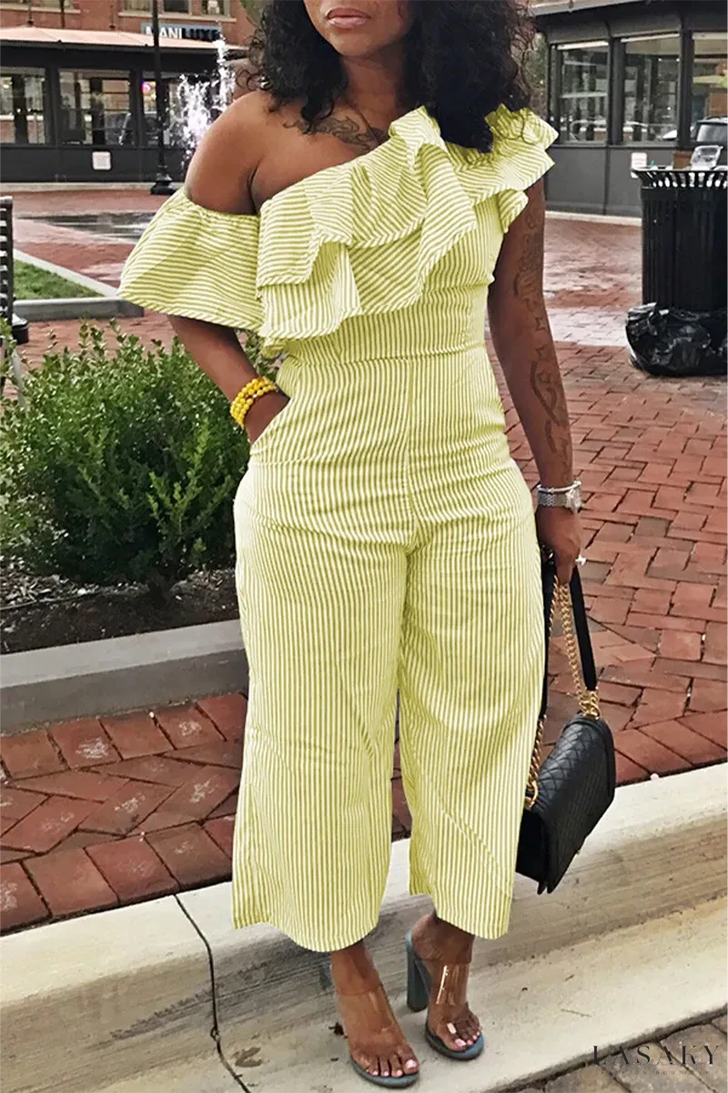 Striped One Shoulder Ruffle Jumpsuits