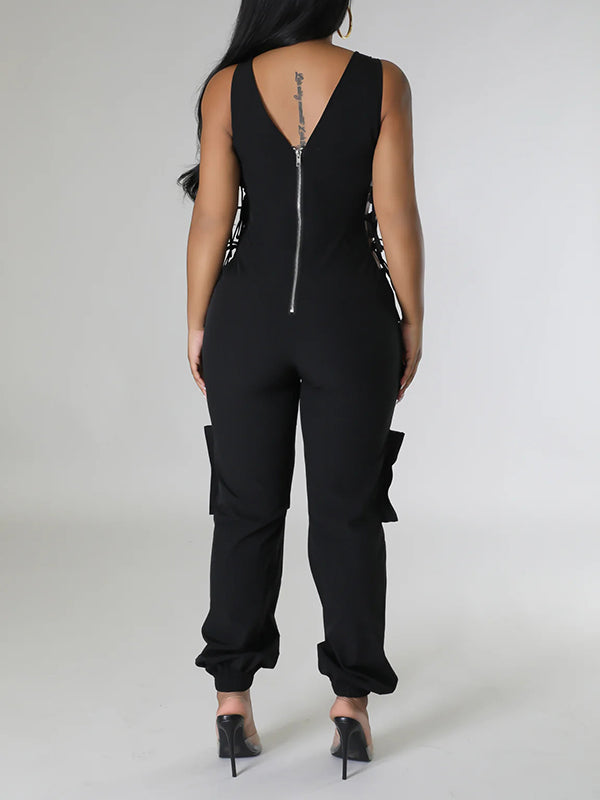 Side Tie Up V-Neck Cargo Jumpsuits