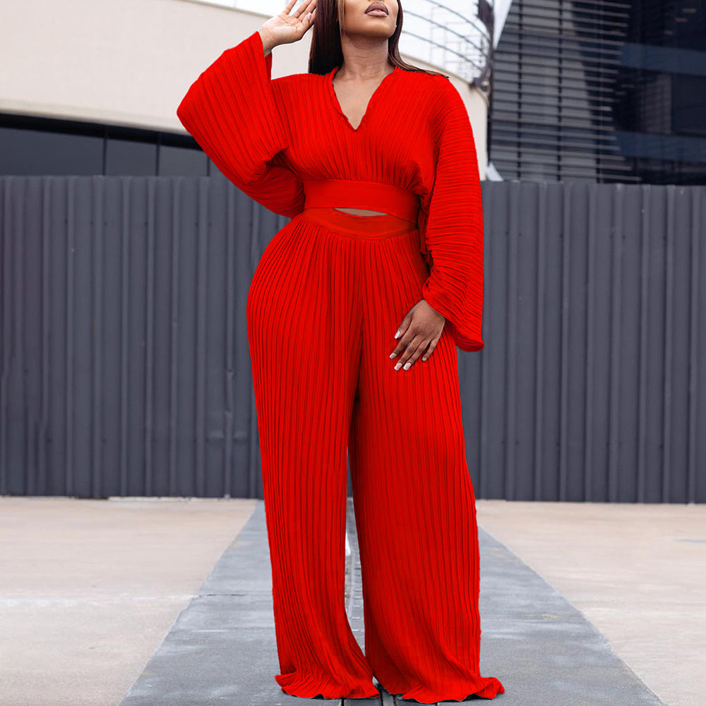 Pleated V Neck Crop Top Wide Leg Pants Set