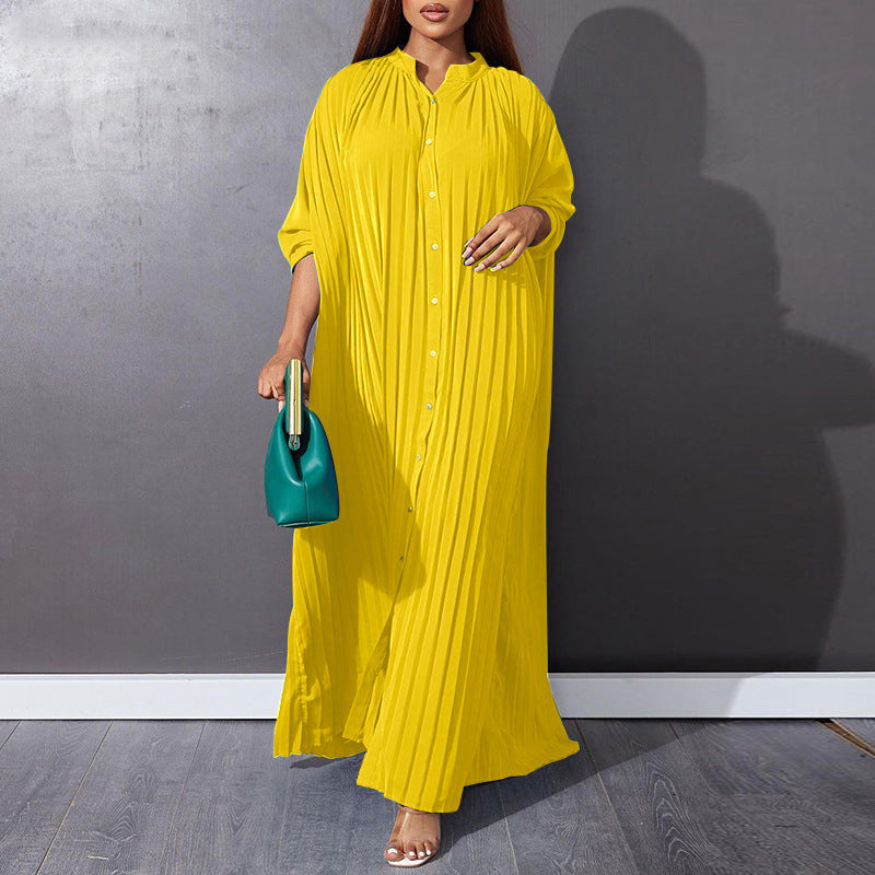 Button-Down Pleated Solid Loose Maxi Dress