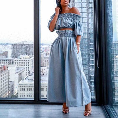 Denim Cop Top Wide Leg Pants Set