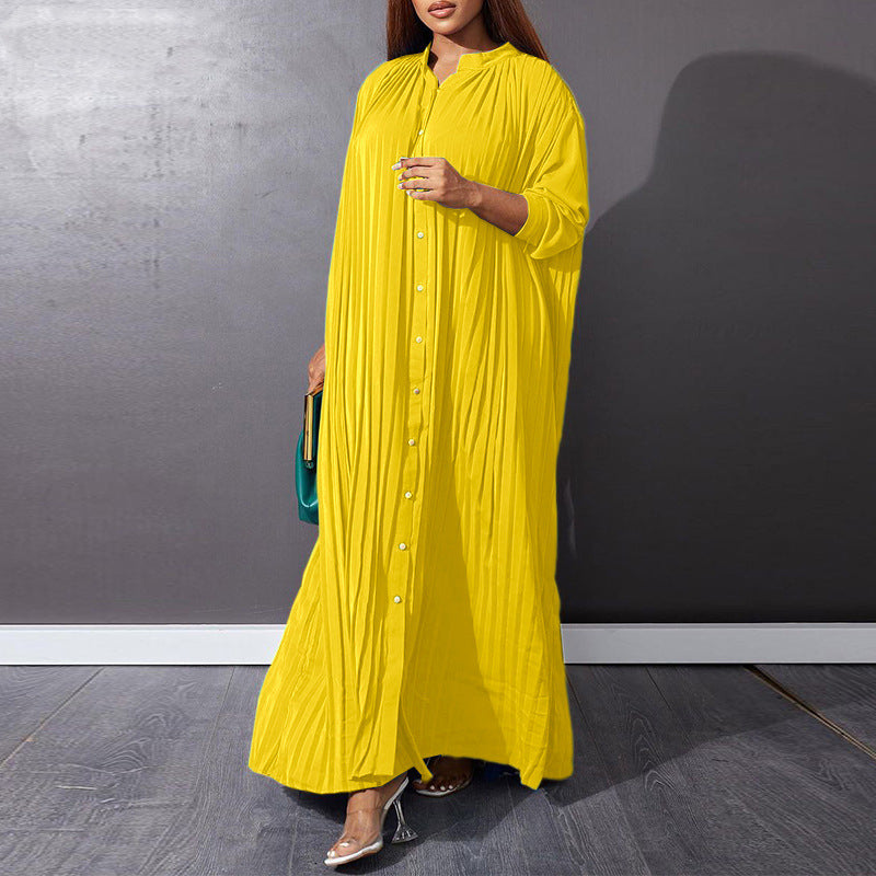 Button-Down Pleated Solid Loose Maxi Dress