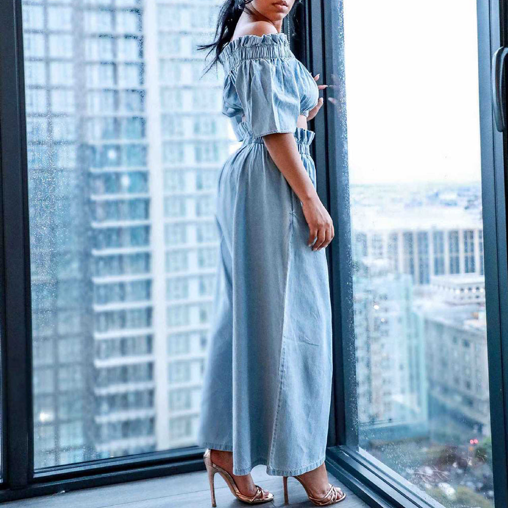 Denim Cop Top Wide Leg Pants Set