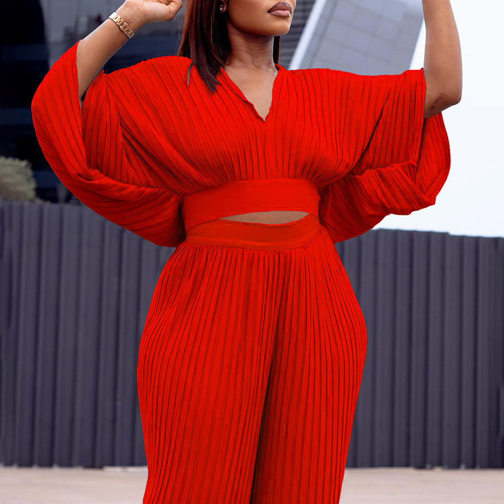 Pleated V Neck Crop Top Wide Leg Pants Set