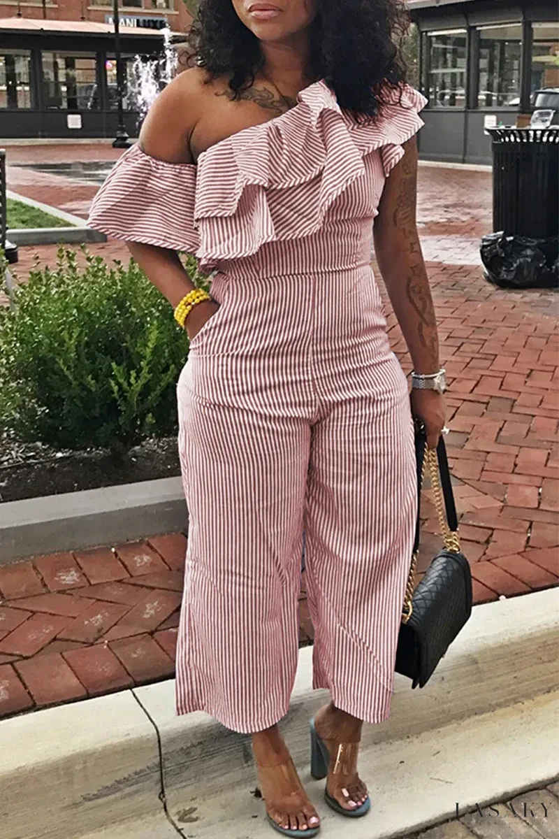 Striped One Shoulder Ruffle Jumpsuits