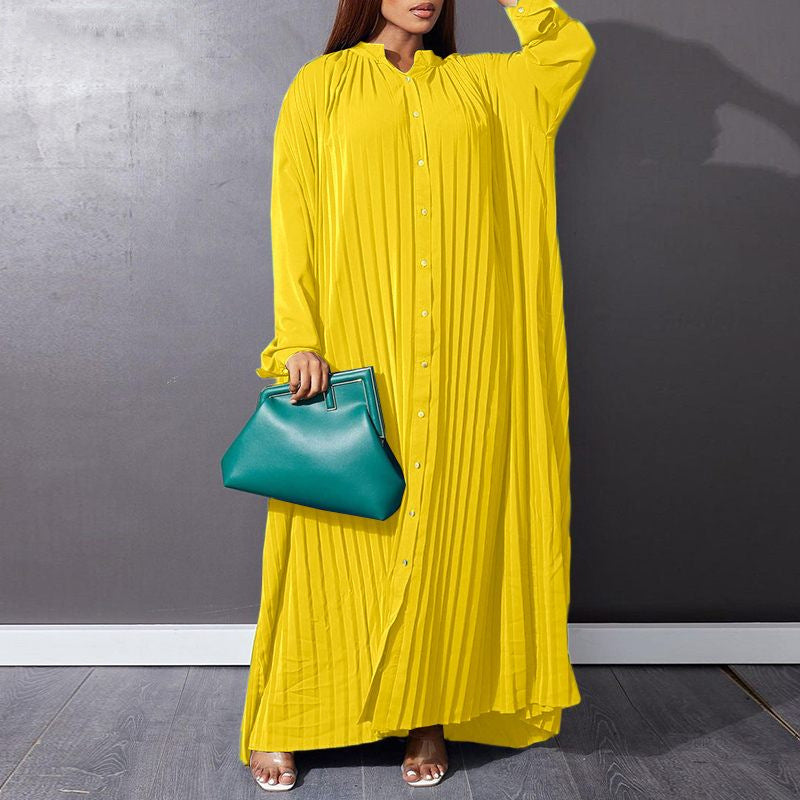 Button-Down Pleated Solid Loose Maxi Dress