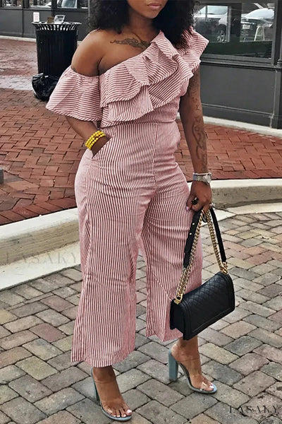 Striped One Shoulder Ruffle Jumpsuits