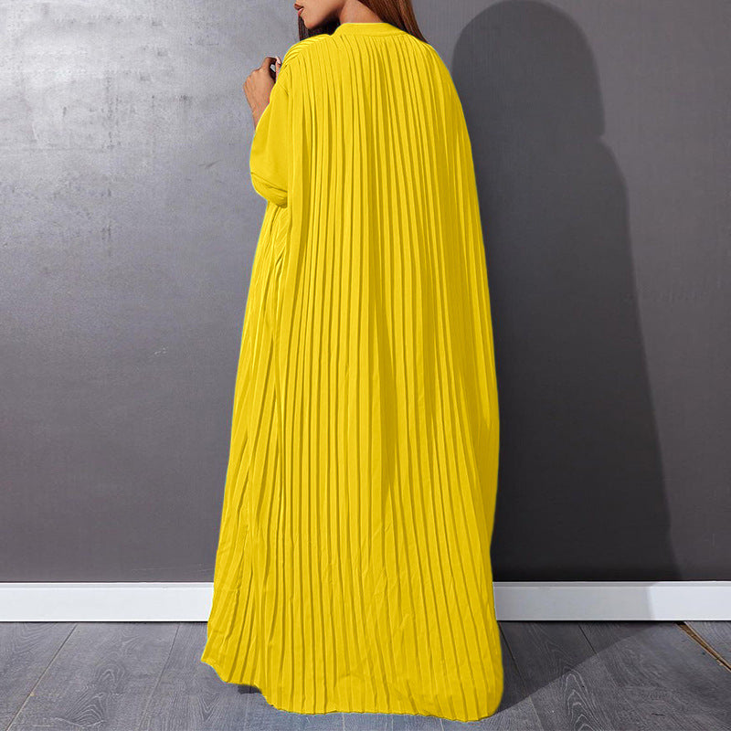 Robe longue ample unie plissée boutonnée