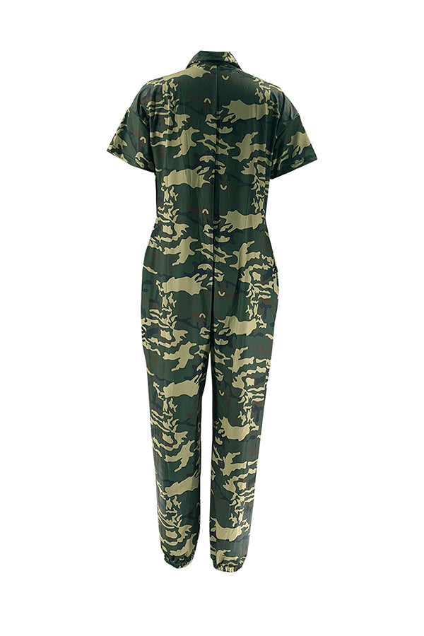 Printed Short Sleeve Button Down Jumpsuits