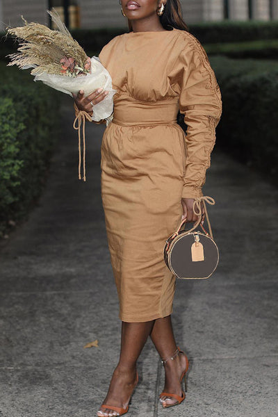 Drawstring Long Sleeve Midi Dress