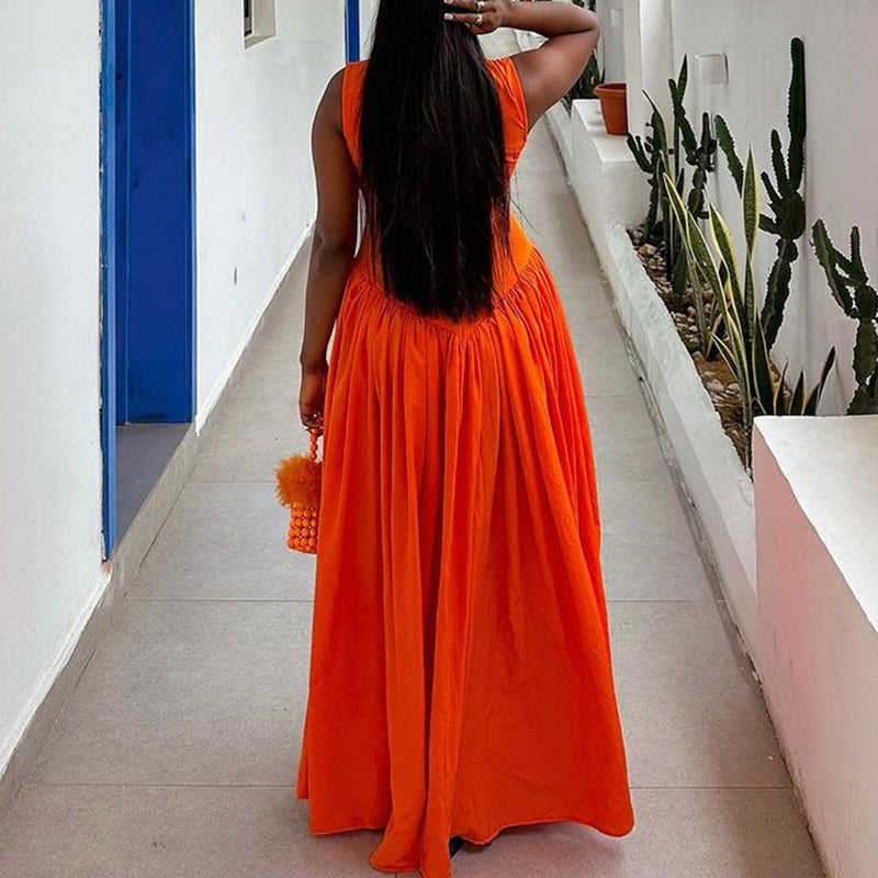 Cut Out Sleeveless Orange Swing Maxi Dress