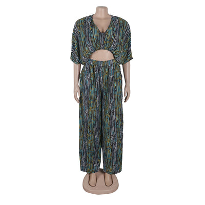 Printed Crop Top Wide Leg Long Pants Set