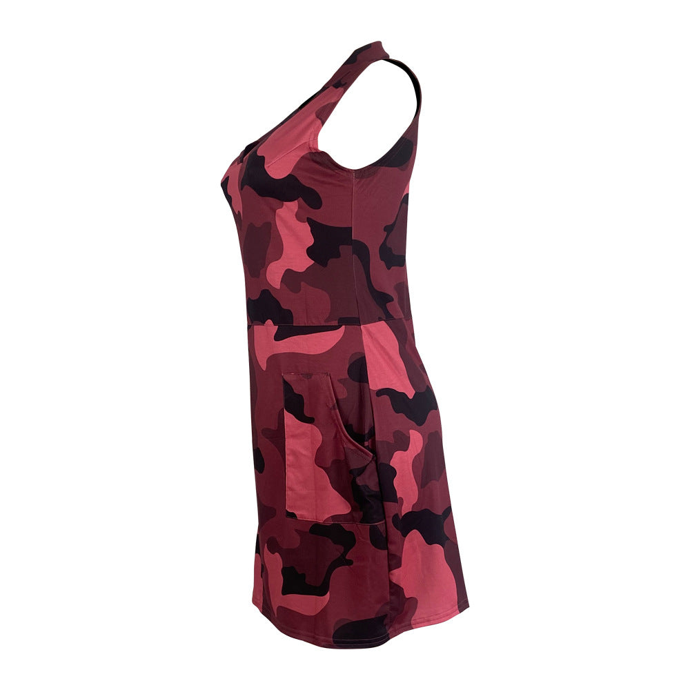 Camouflage Printed Side Pockets Mini Dress