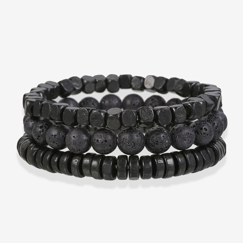 Aule Black Lava Rock Wood Bead 3Pcs Bracelet