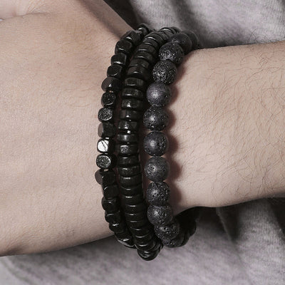 Aule Black Lava Rock Wood Bead 3Pcs Bracelet