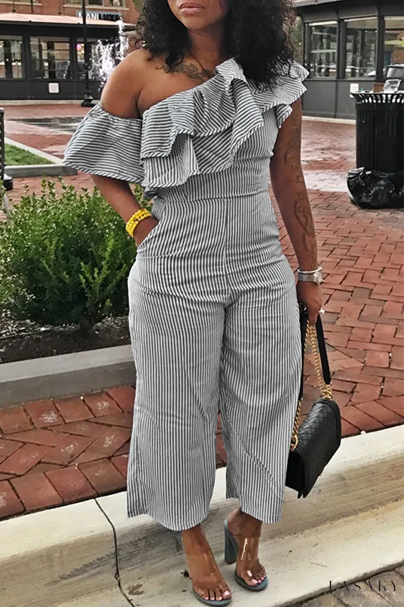 Striped One Shoulder Ruffle Jumpsuits