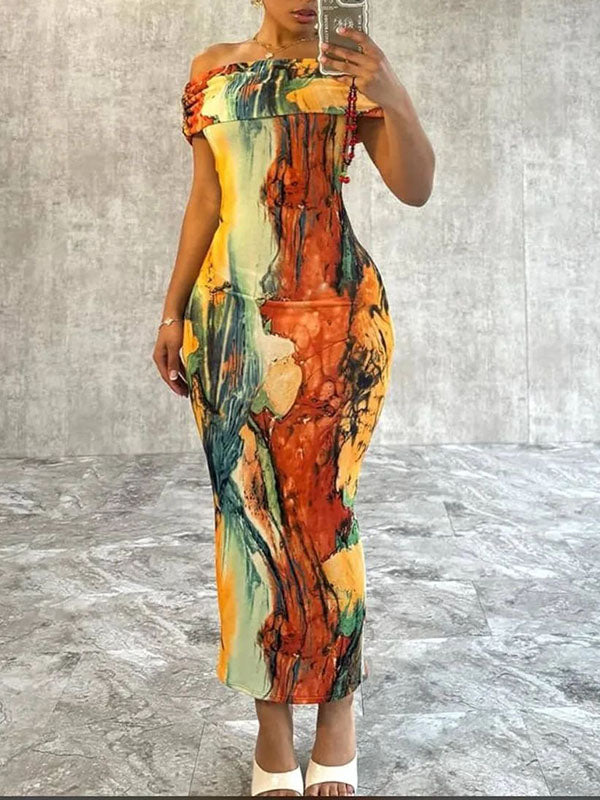 Tie-dye Off Shoulder Midi Dress