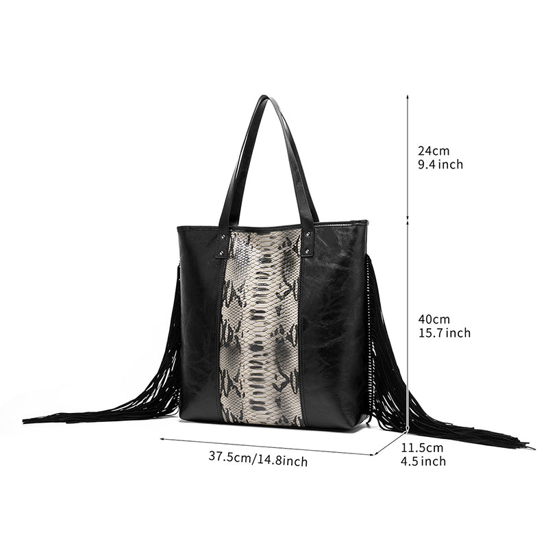 Snake Ptinted Fringe Tote Bag