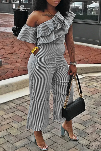 Striped One Shoulder Ruffle Jumpsuits