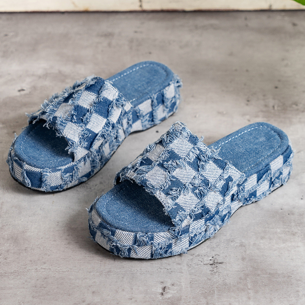 Denim Plaid Slides